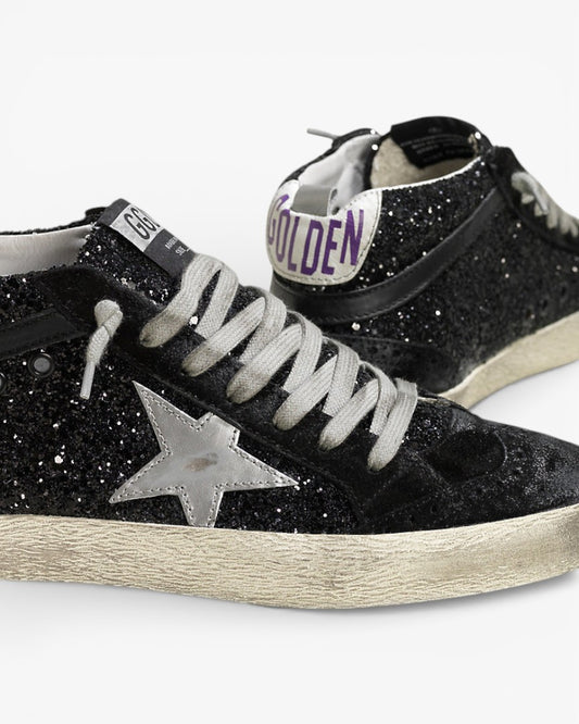 Golden Goose MID STAR Sneakers Pelle All Over Glitter Stella Pelle Laminata Black Glitter