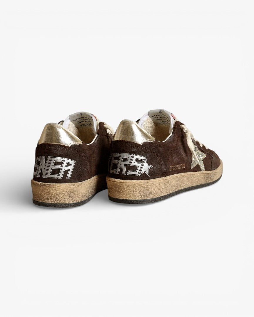 Golden Goose Ball Star Brown Suede Sneakers Platinum Glitter Star