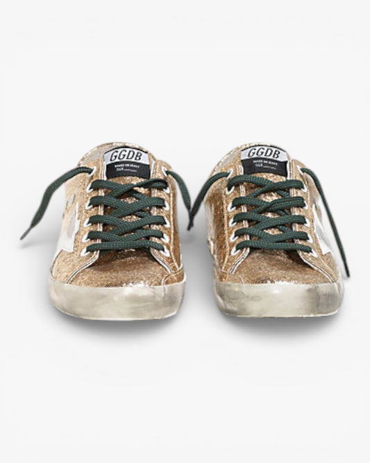 Golden Goose Super‑Star Sneakers Gold Glitter Emerald Leather