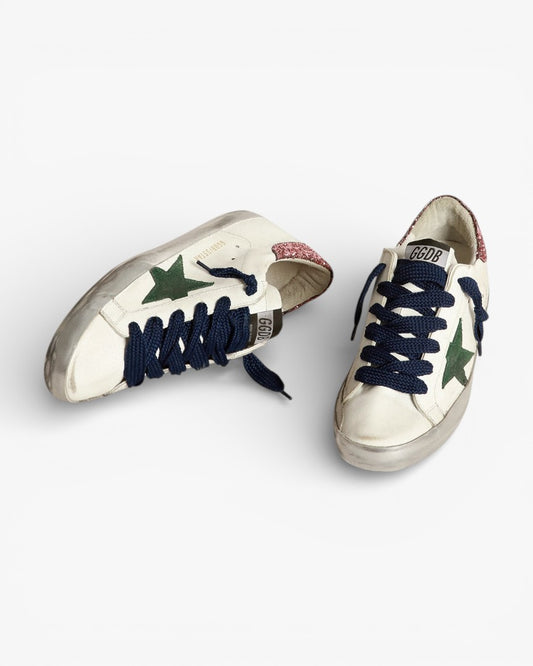 Golden Goose Super‑Star Sneakers Green Suede Star Pink Glitter Heel