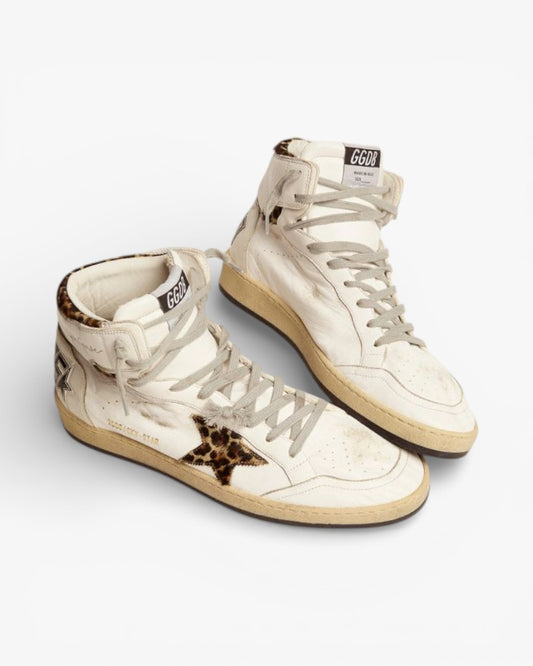 Golden Goose Sky Star White Leopard High Top Sneakers