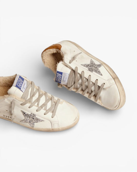 Golden Goose Super‑Star Sneakers Shearling Silver Glitter Star Lizard Heel