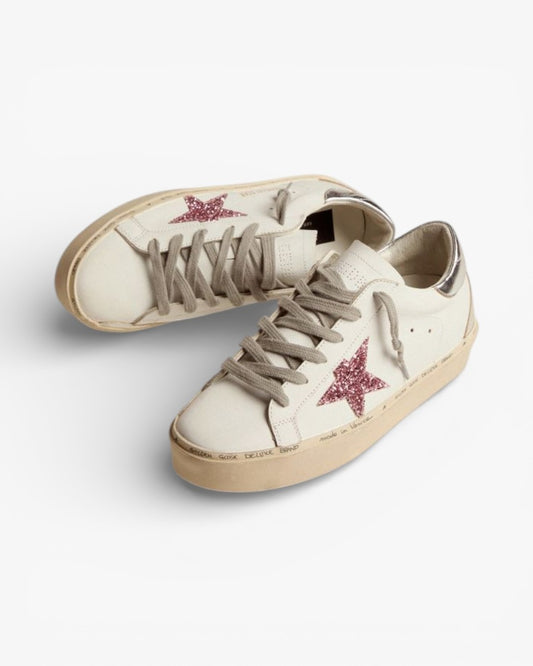 Golden Goose Hi-Star Sneakers Silver Laminated Leather Heel Tab Pink Glitter Star