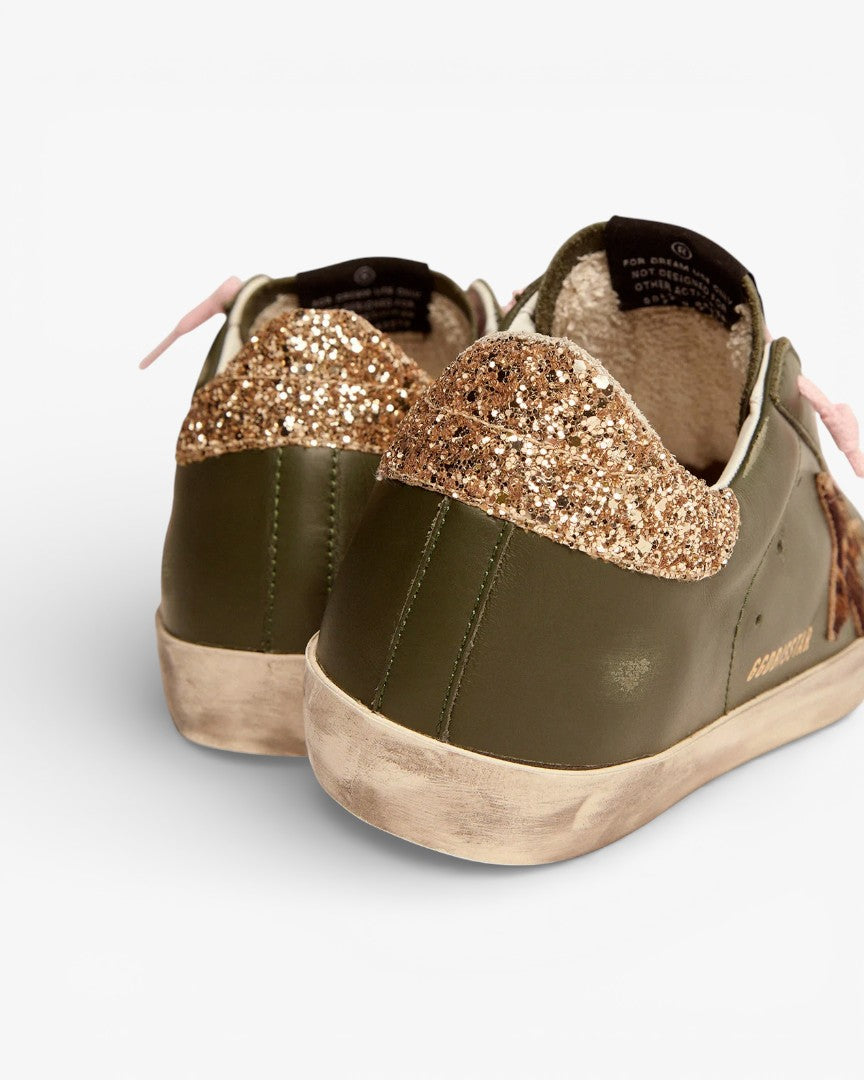 Golden Goose Super‑Star Sneakers Dark Green Leather Gold Glitter Heel