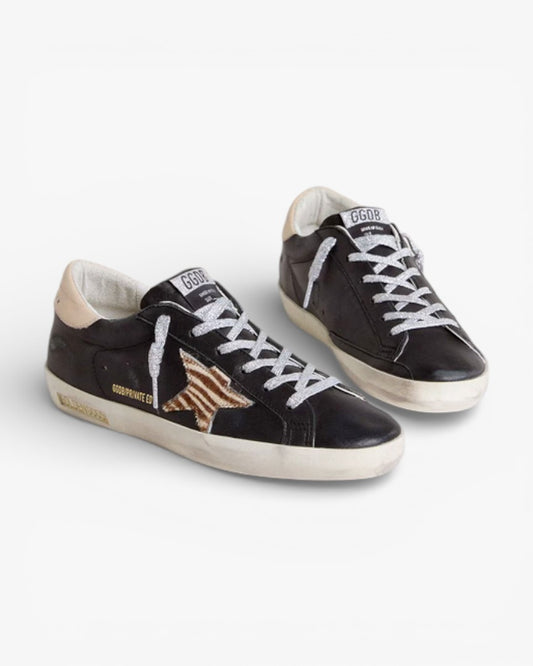 Golden Goose Women’s Super-Star Black Nappa Leather Zebra-Print Pony Skin Star Beige Leather Heel Tab