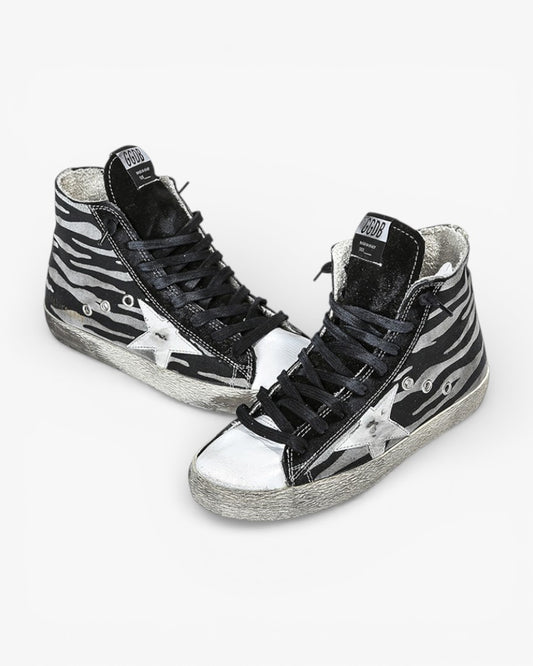 Golden Goose FRANCY Sneakers Cotton Canvas Leather Star Black Zebra