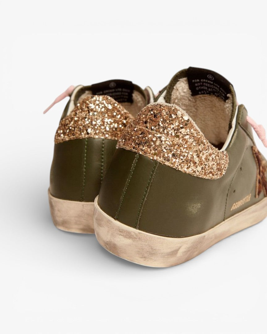 Golden Goose Super‑Star Sneakers Dark Green Leather Gold Glitter Heel
