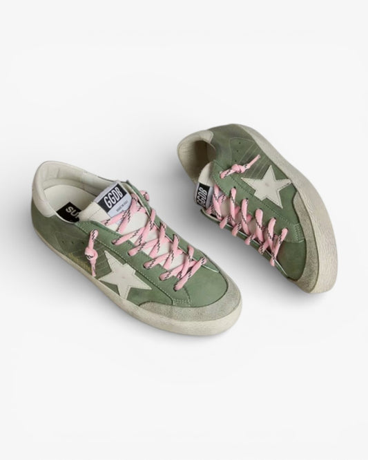 Golden Goose Women’s Super-Star LTD Green Nubuck White Leather Star Heel Tab