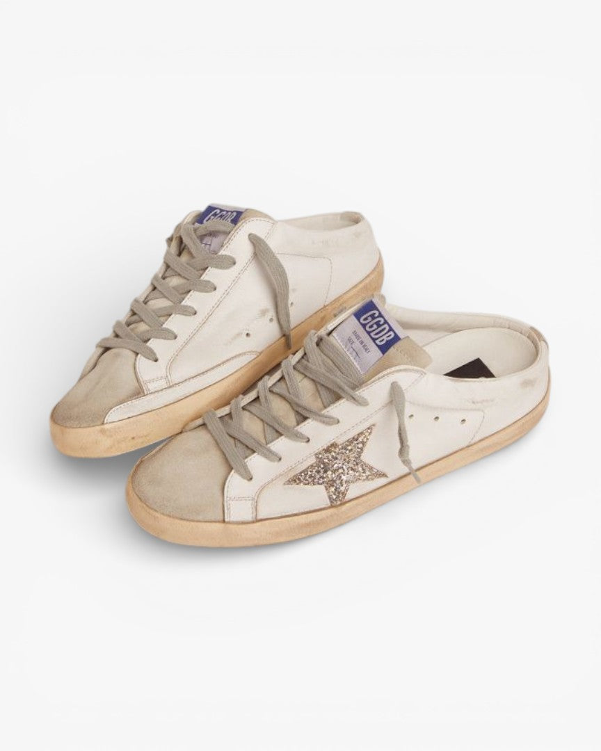 Golden Goose Super-Star Sabots with Silver Glitter Star