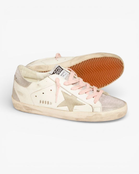 Golden Goose Super-Star Sneakers with Silver Glitter Tongue and Checkered Heel Tab