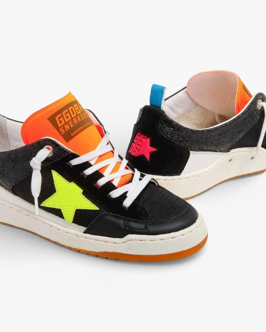 Golden Goose Yeah Black Leather Sneakers with Fluorescent Star
