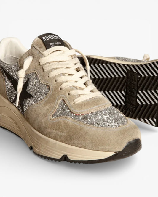 Golden Goose Running Sole Sneakers Silver Glitter Dove-Gray Suede Black Leather Star