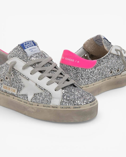 Golden Goose Hi-Star Sneakers Silver Glitter Fuchsia Heel Tab