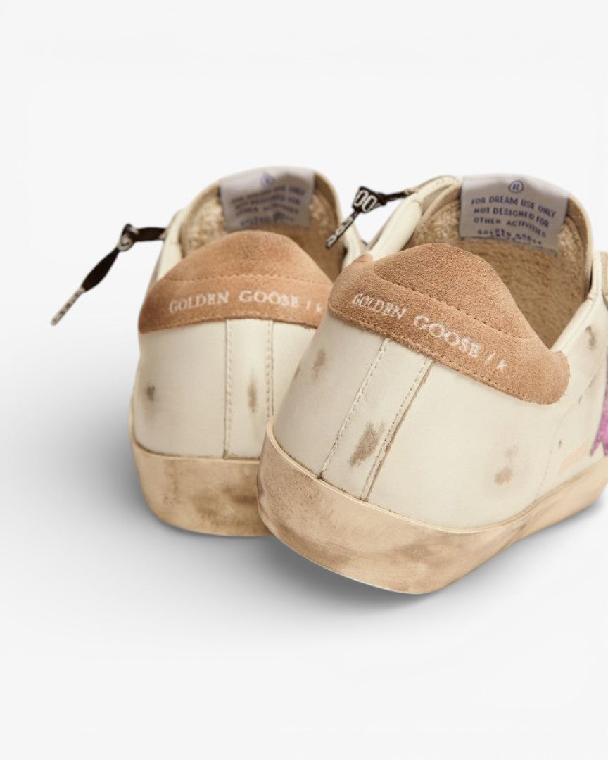 Golden Goose Super-Star White Sneakers with Lavender Glitter Star