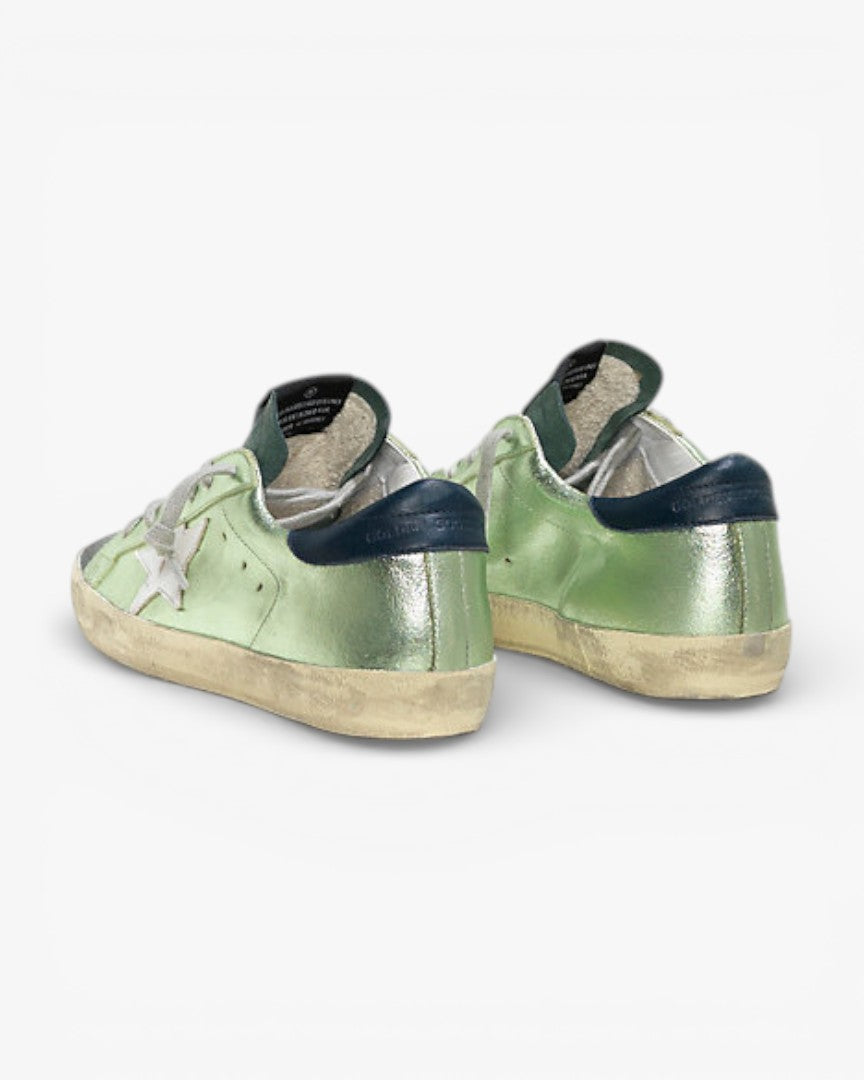Golden Goose Super-Star Sneakers with Green Lamé Leather Star