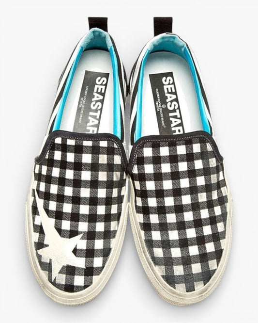 Golden Goose Seastar Check Black White Handcrafted Custom Couple Sneakers