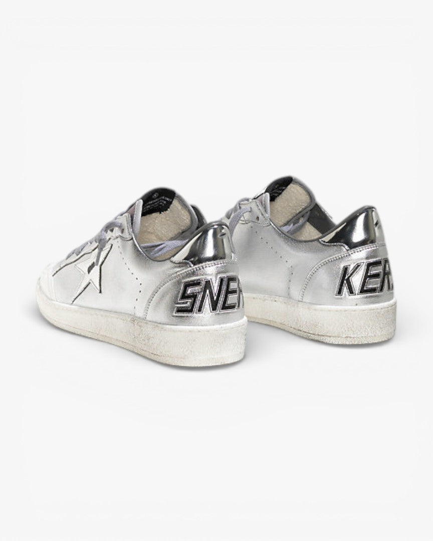 Golden Goose Ball Star White Leather Sneakers Silver Leather Star Silver Mirror Heel Tab