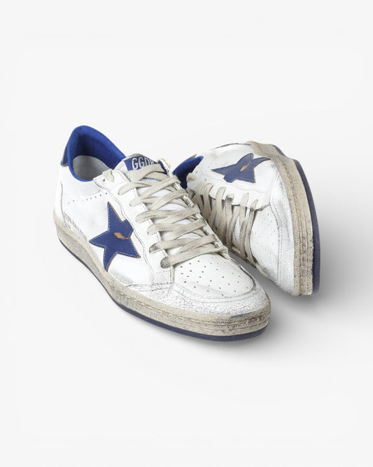 Golden Goose Ball Star White Leather Sneakers Blue Star Blue Heel Tab