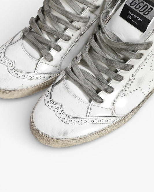 Golden Goose MID STAR Sneakers Pelle Lucida Stella Traforata White Polish