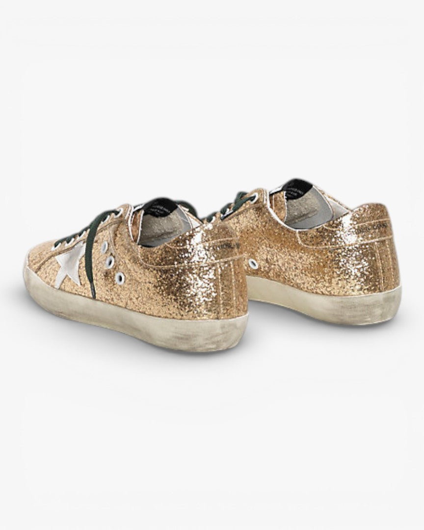 Golden Goose Super‑Star Sneakers Gold Glitter Emerald Leather