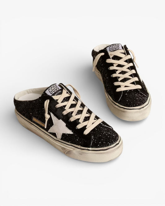 Golden Goose Super-Star Sabots Black Glitter White Bio-Based Star