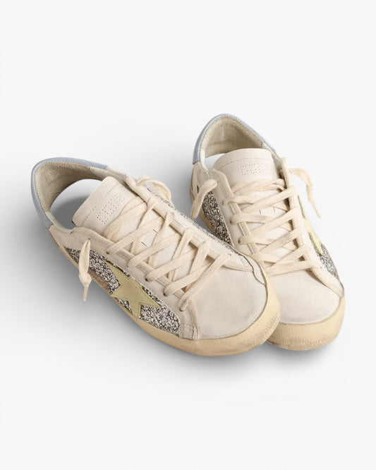Golden Goose Bio‑based Super‑Star Sneakers Silver Glitter Yellow Star