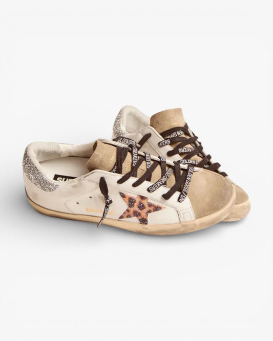 Golden Goose Super‑Star LTD Sneakers Leopard Print Crystal Star Silver Crystal Heel