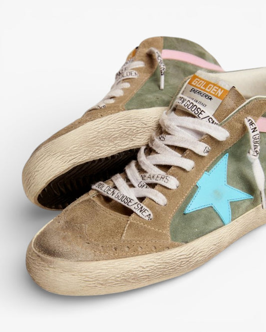 Golden Goose Mid Star LTD Sneakers Military Green Suede Sky-Blue Leather Star Pink Leather Flash