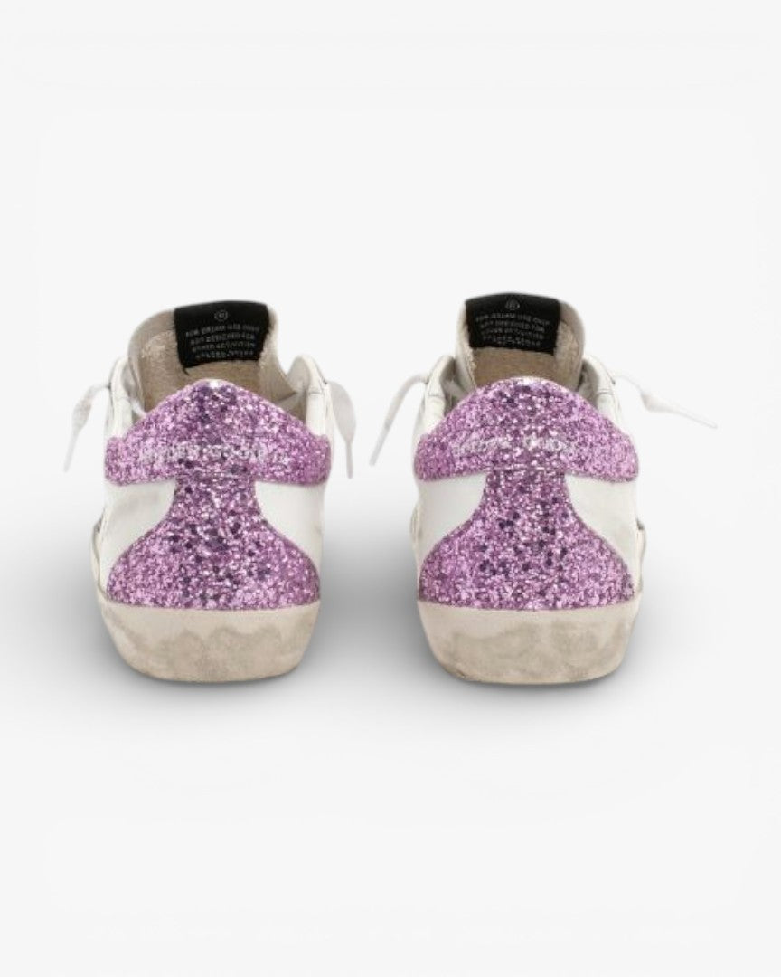 Golden Goose Super-Star Sneakers with Lavender Glitter Heel Tab