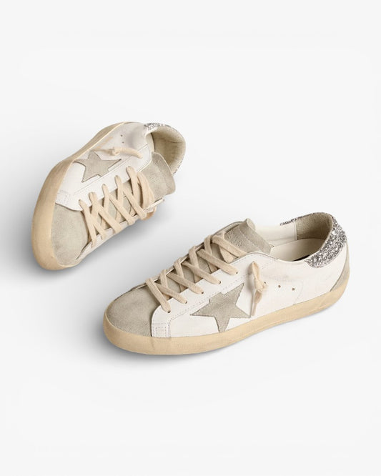 Golden Goose Women’s Super-Star Gray Star Silver Glitter Heel Tab
