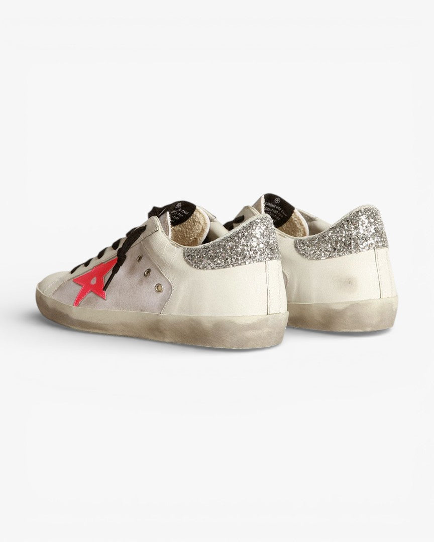 Golden Goose Super‑Star Sneakers White Leather Canvas Pink Star Silver Glitter Heel