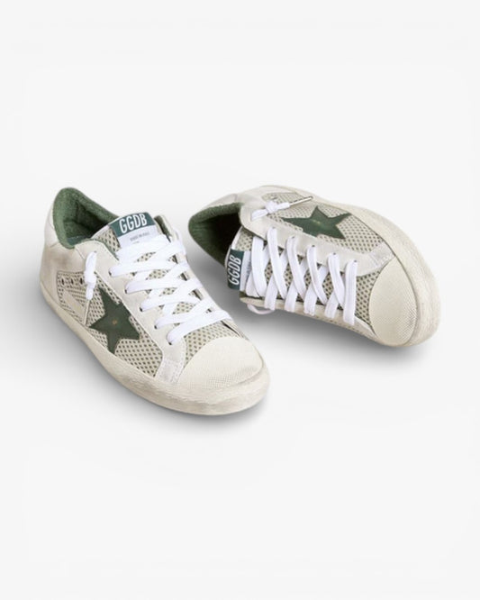 Golden Goose Women’s Super-Star LTD White Suede Mesh Green Leather Star Silver Foiled Heel