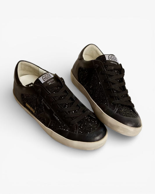 Golden Goose Women’s Super-Star Black Nappa Glitter Glossy Black Leather Star