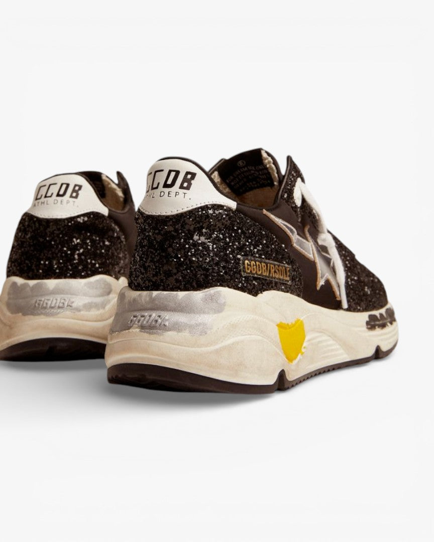 Golden Goose Running Sole Sneakers Black Nylon Glitter Silver Laminated Leather Star