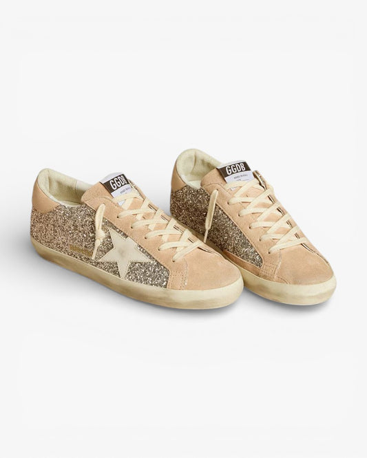 Golden Goose Women’s Super-Star Silver Glitter Leather Star Heel Tab