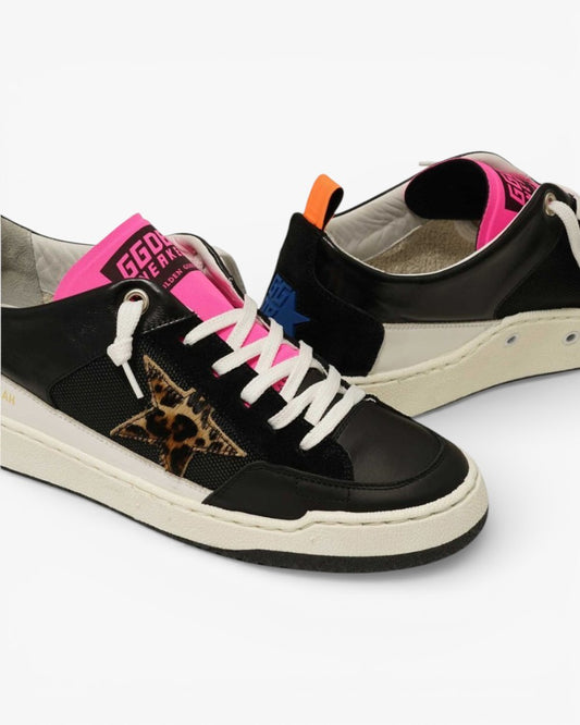 Golden Goose Yeah Black Leather Sneakers Leopard Star