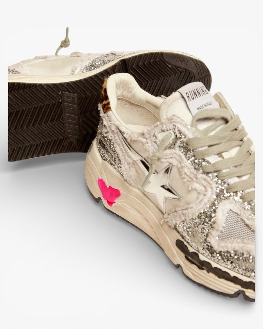 Golden Goose Running Sole Sneakers Nylon Silver Glitter Leopard-Print Pony Skin Heel Tab