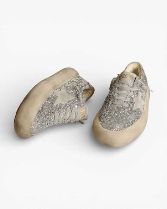 Golden Goose Space Star Silver Glitter Suede Accent Sneakers