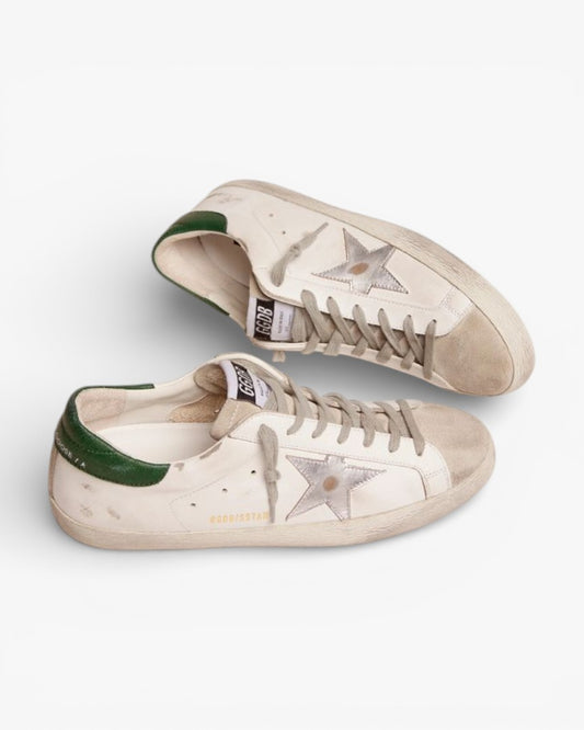 Golden Goose Super-Star Sneakers with Green Leather Heel Tab and Silver Leather Star