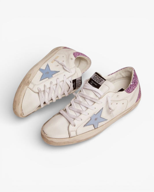 Golden Goose Super‑Star Sneakers Lavender Glitter Heel Light Blue Metallic Star