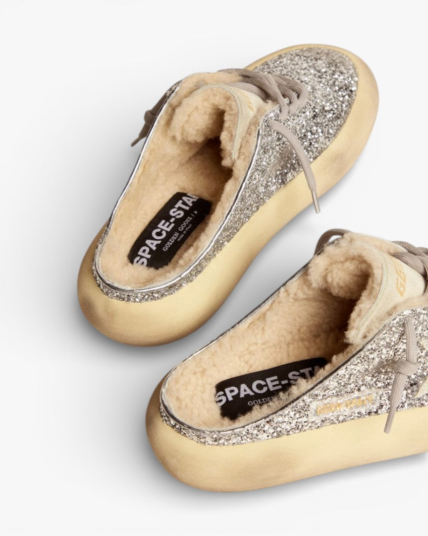 Golden Goose Space Star Silver Glitter Shearling Sneakers