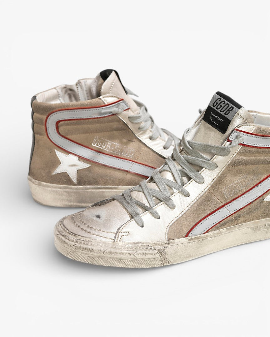 Golden Goose SLIDE Sneakers Cotton Canvas Leather Star Silver Beige Suede