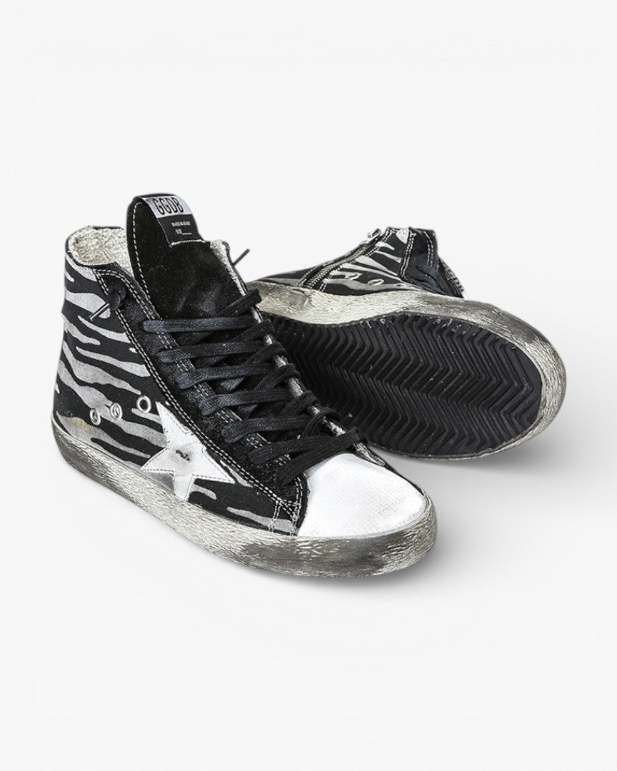 Golden Goose FRANCY Sneakers Cotton Canvas Leather Star Black Zebra