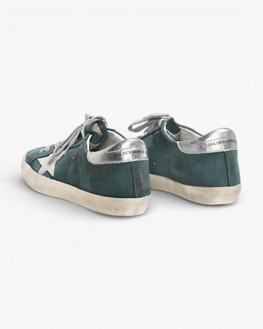 Golden Goose Super‑Star Sneakers Green Suede Silver Glitter Star