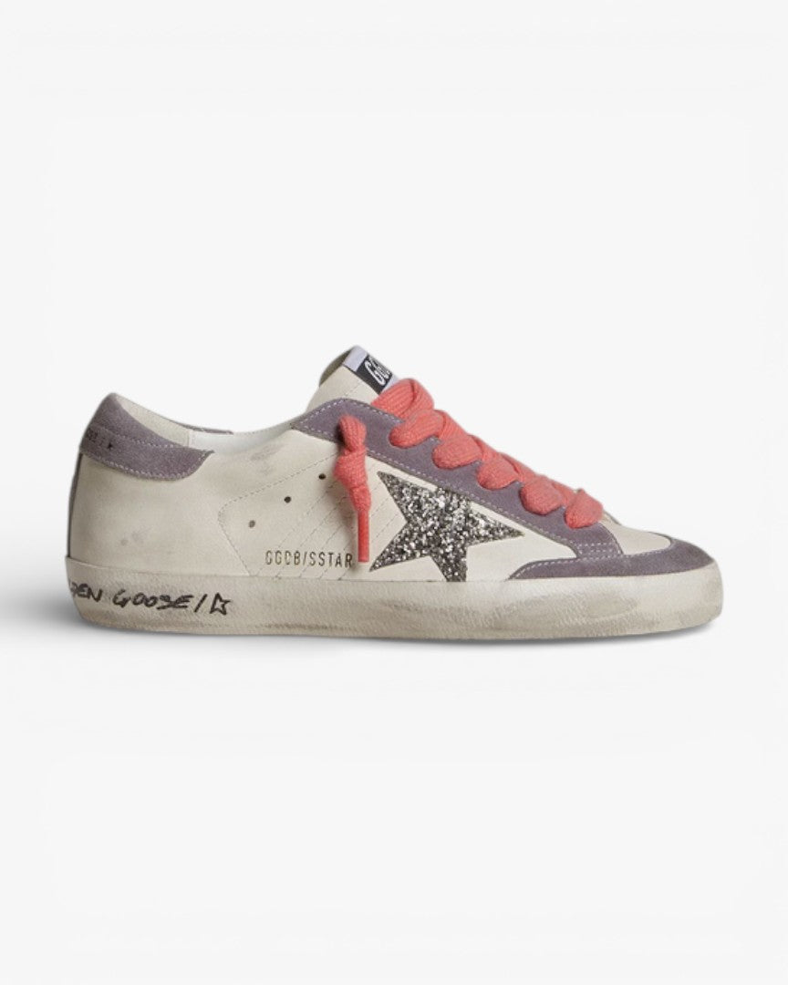 Golden Goose Women’s Super-Star Silver Glitter Star Lilac Suede Heel Tab