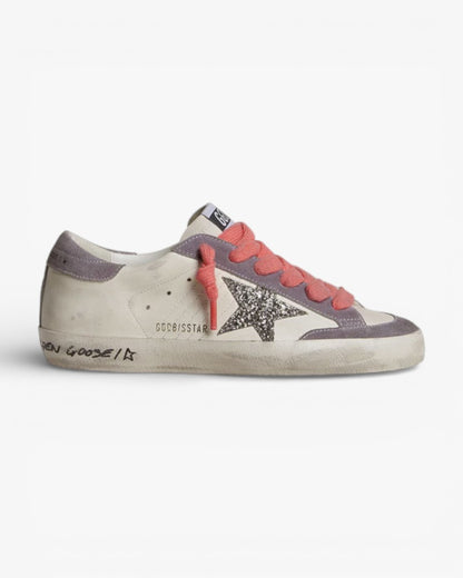Golden Goose Women’s Super-Star Silver Glitter Star Lilac Suede Heel Tab