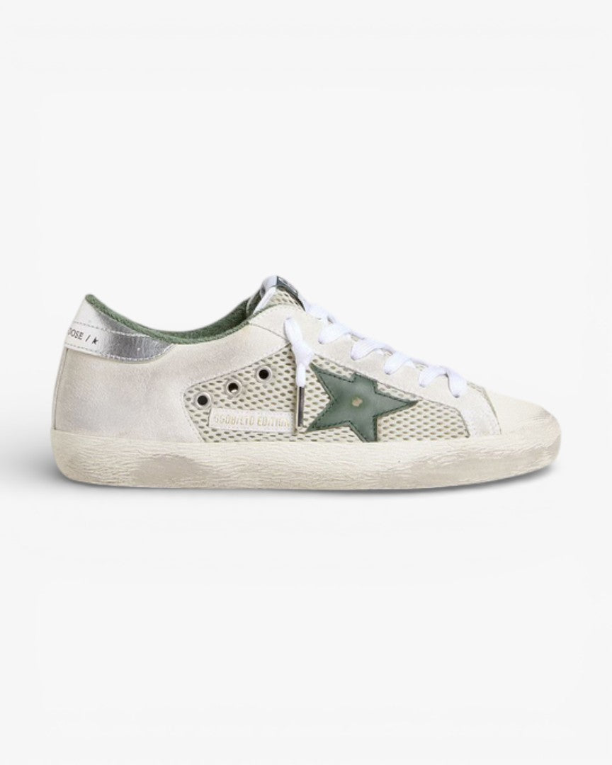 Golden Goose Women’s Super-Star LTD White Suede Mesh Green Leather Star Silver Foiled Heel