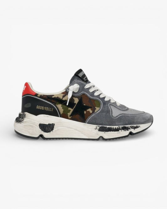 Golden Goose Camouflage Running Sole Sneakers Textured Nylon Red Heel Tab