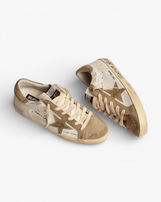 Golden Goose Super‑Star Sneakers White Leather Dove Gray Suede Black Lettering