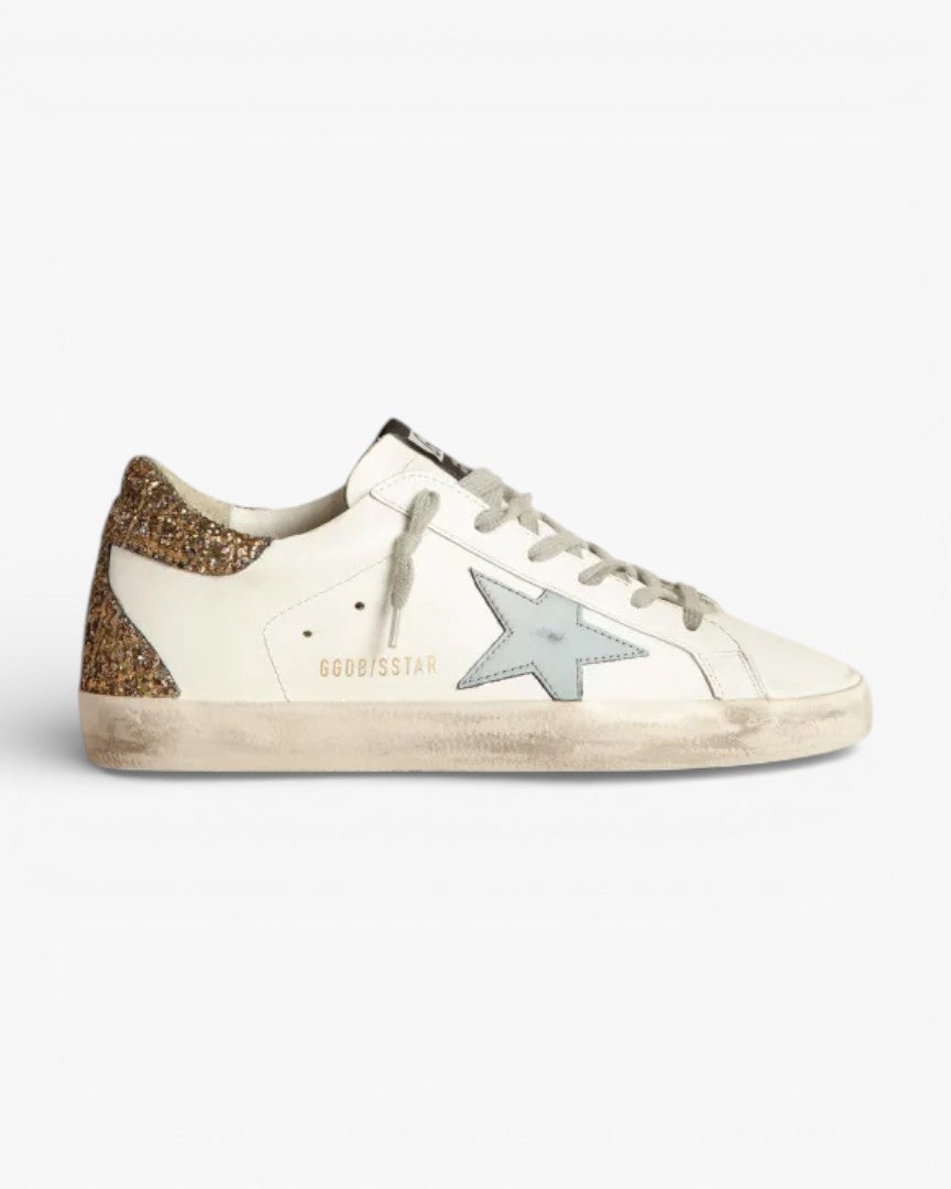 Golden Goose Super‑Star Sneakers Light Blue Star Gold Glitter Croc Heel